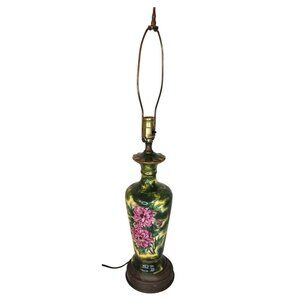 Vintage Tall Table Lamp With Brass Base Hand-Painted Floral Ceramic original fin